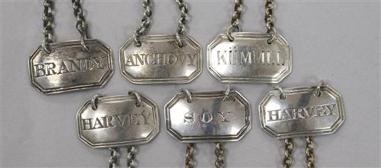 Six Victorian silver sauce/decanter labels by Rawlings & Summers;